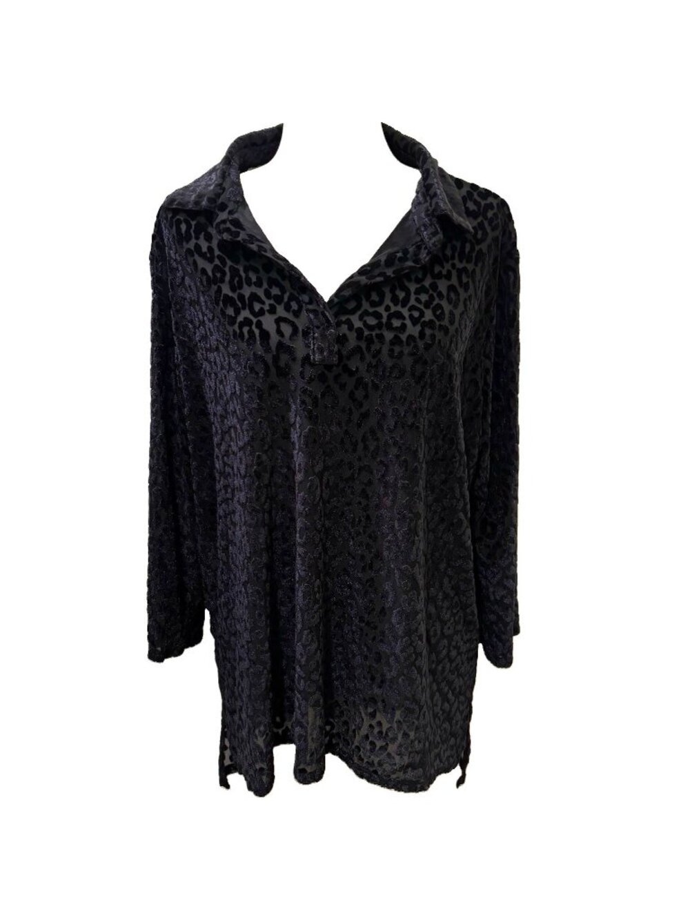 Rebecca Malone 1X Black Leopard velvet Burnout Sheer Stretch Collared Blouse